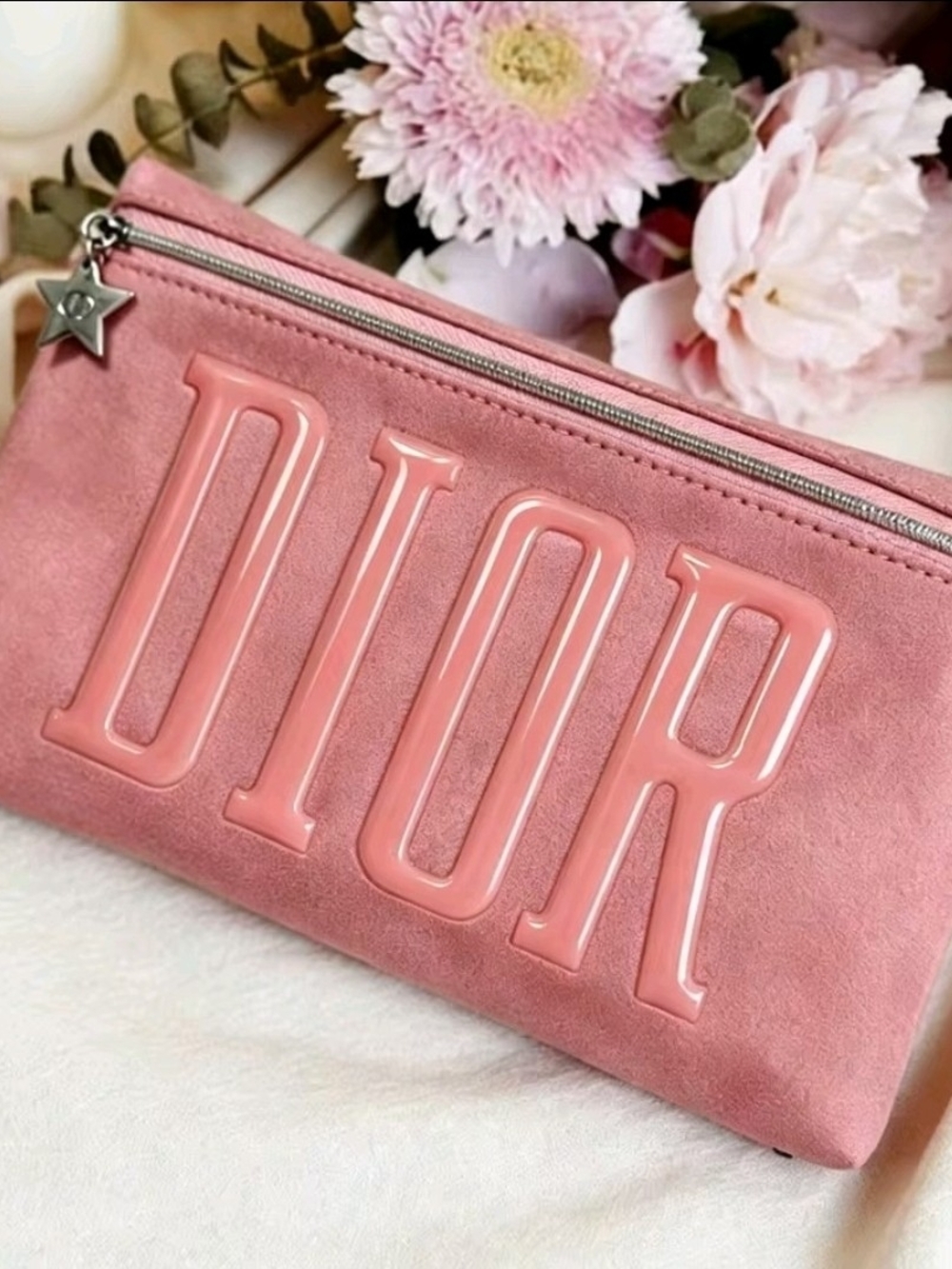 Dior Pink Suede Embossed Logo Zip Cosmetic Pouch with Star Charm